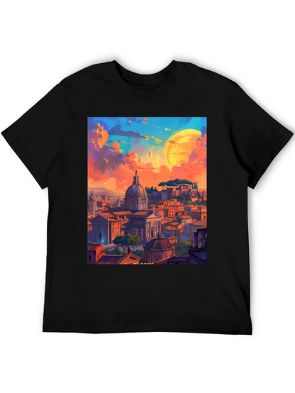 Camiseta Negra Impresión Artística Roma al Atardecer