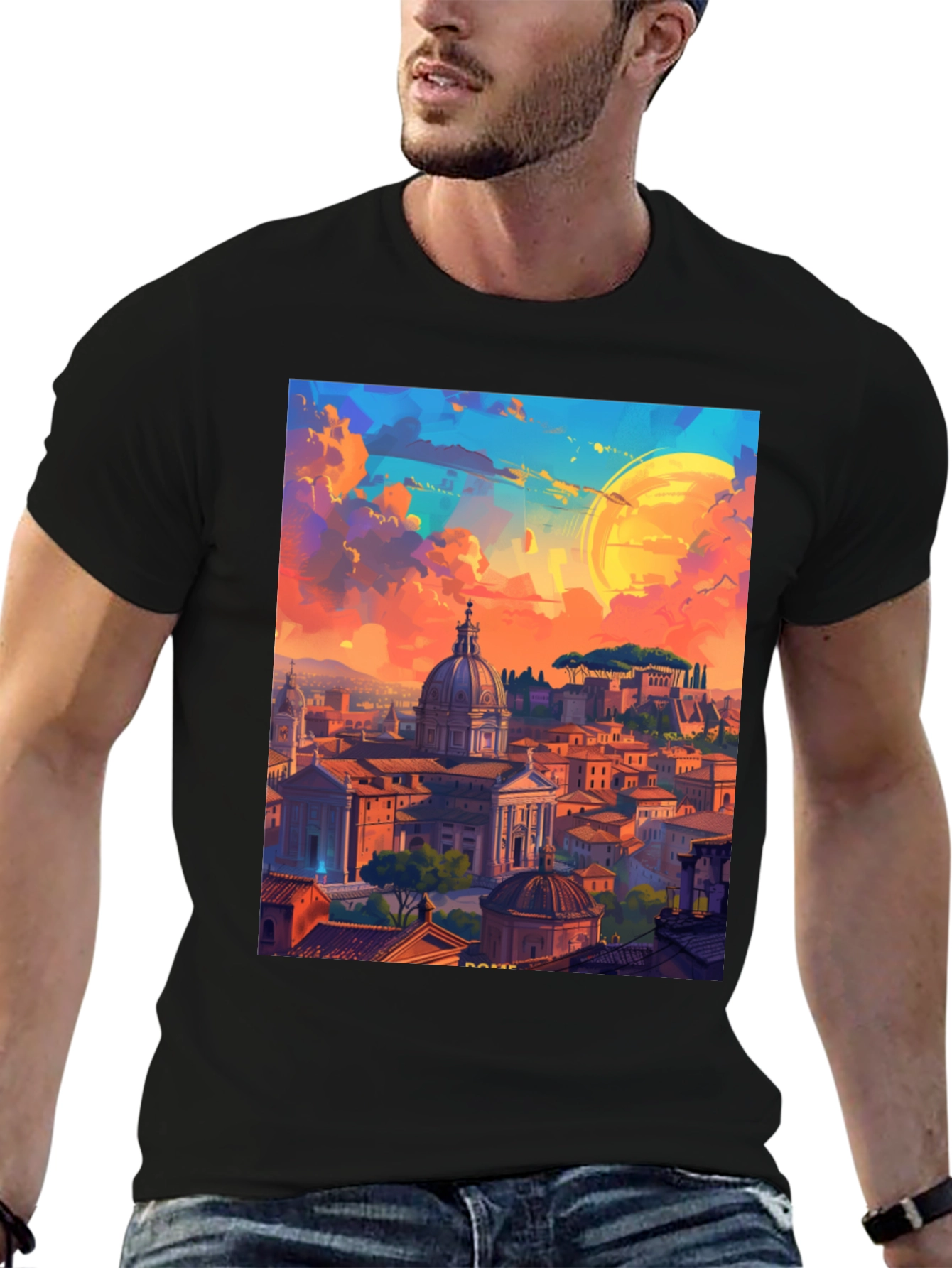 Camiseta Negra Impresión Artística Roma al Atardecer