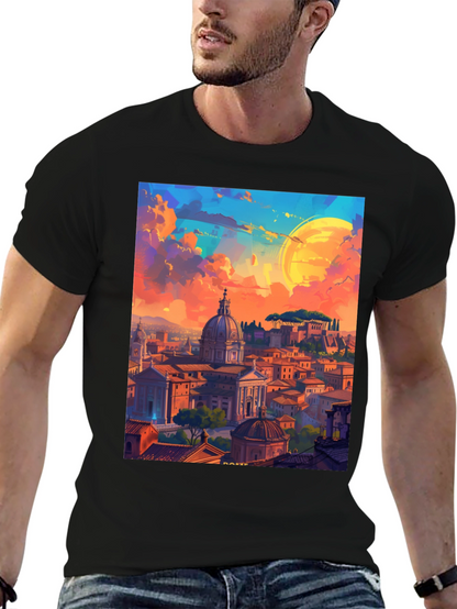 Camiseta Negra Impresión Artística Roma al Atardecer