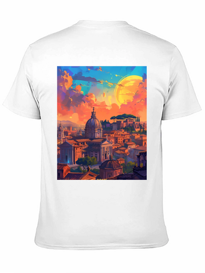 Camiseta Negra Impresión Artística Roma al Atardecer