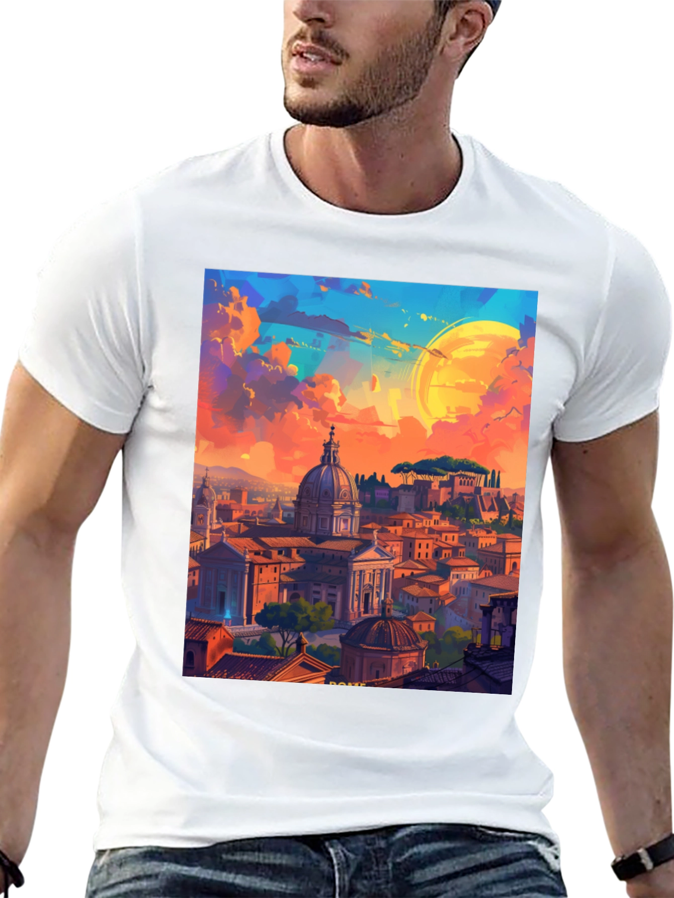 Camiseta Negra Impresión Artística Roma al Atardecer