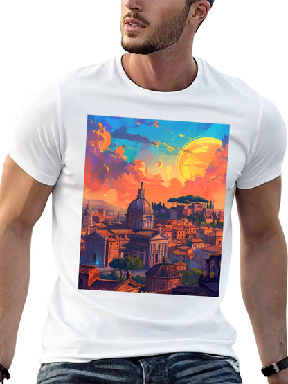 Camiseta Negra Impresión Artística Roma al Atardecer