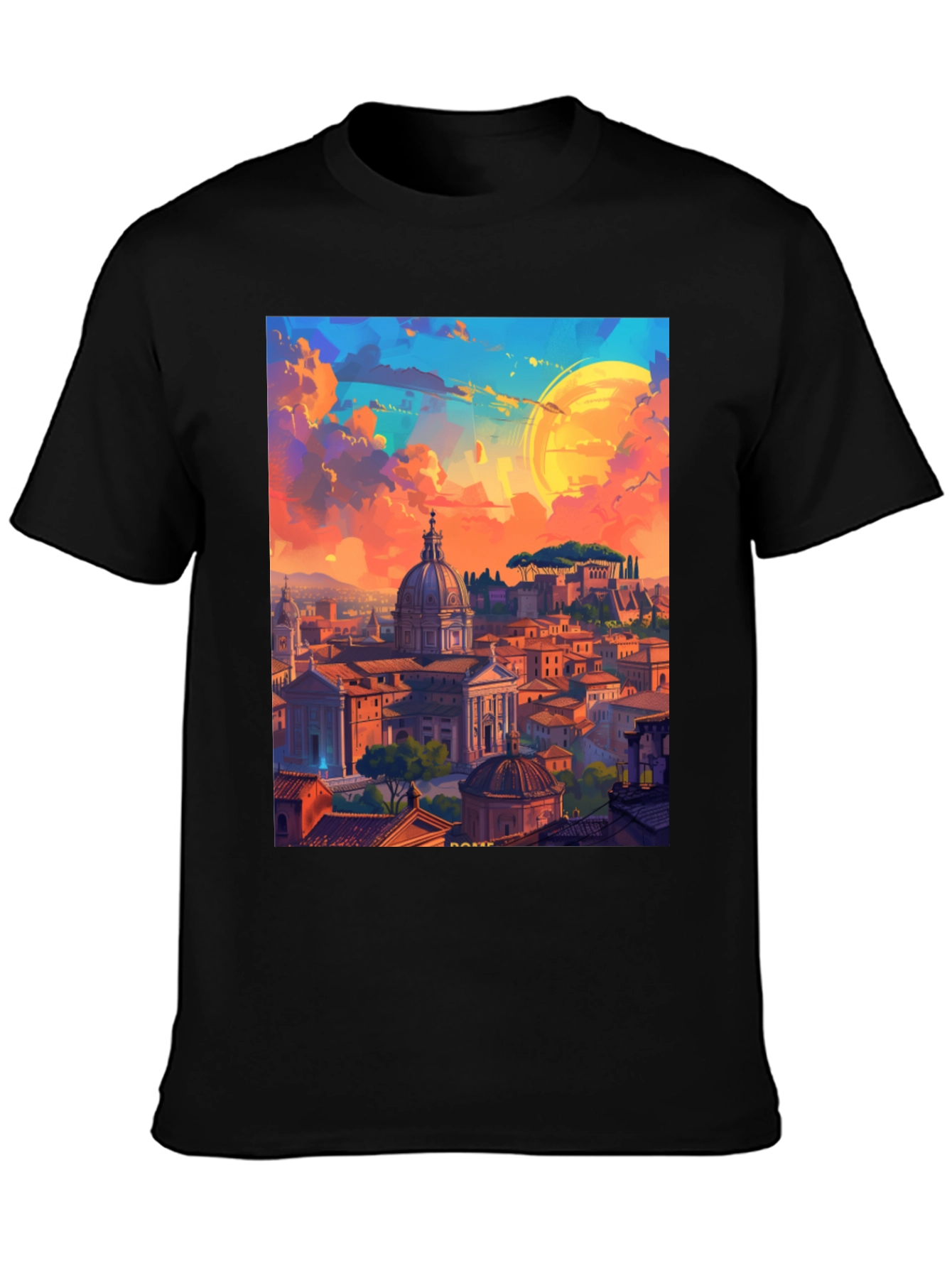 Camiseta Negra Impresión Artística Roma al Atardecer