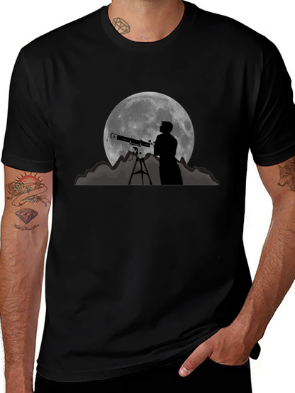 Camiseta Negra con Diseño de Luna y Telescopio