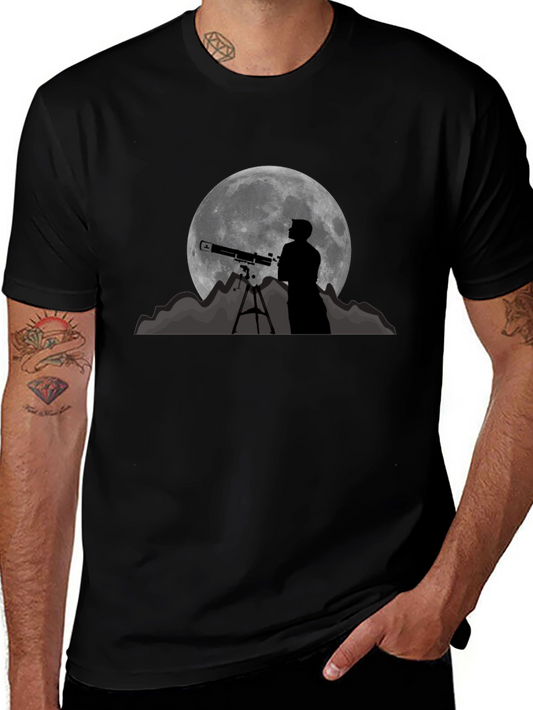 Camiseta Negra con Diseño de Luna y Telescopio