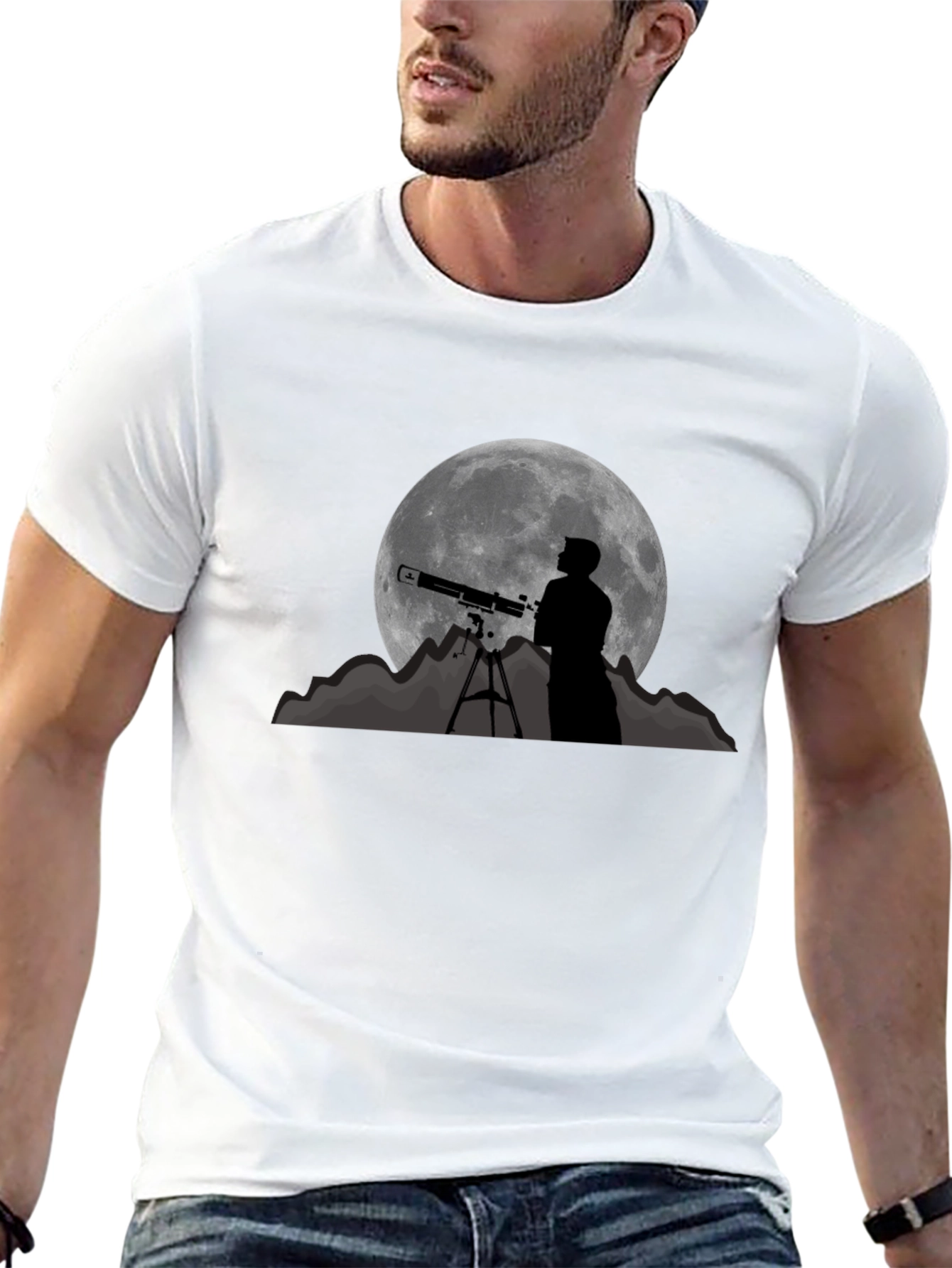 Camiseta Negra con Diseño de Luna y Telescopio