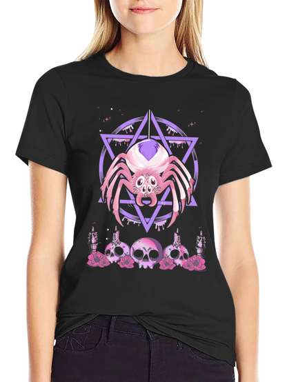 Camiseta Negra con Araña Gótica y Calaveras Rosadas