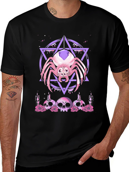 Camiseta Negra con Araña Gótica y Calaveras Rosadas