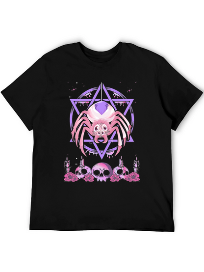 Camiseta Negra con Araña Gótica y Calaveras Rosadas