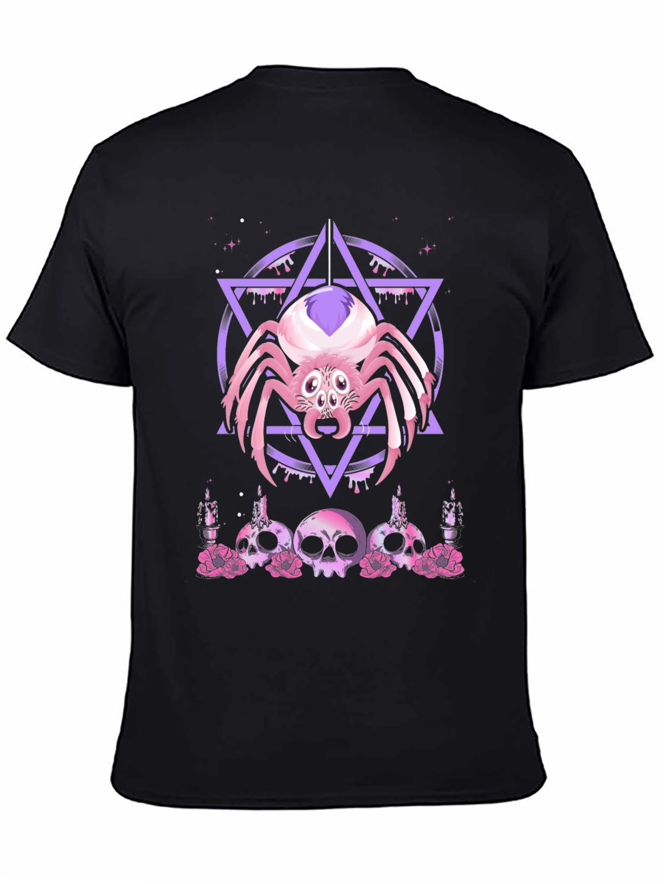 Camiseta Negra con Araña Gótica y Calaveras Rosadas