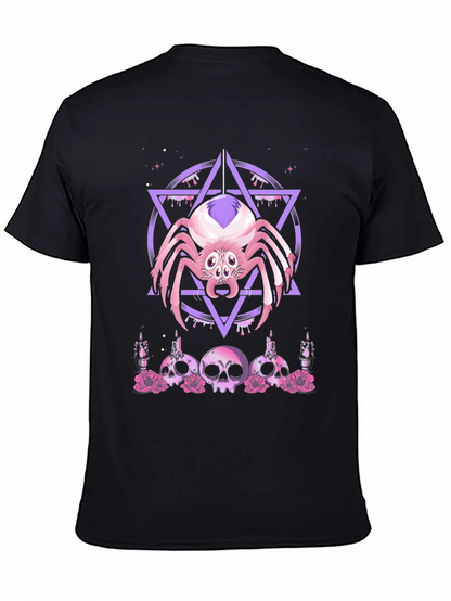 Camiseta Negra con Araña Gótica y Calaveras Rosadas