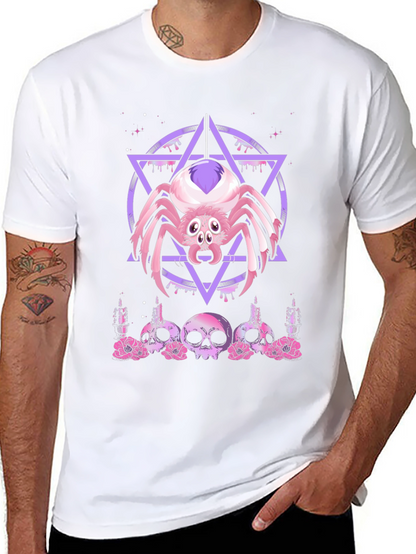 Camiseta Negra con Araña Gótica y Calaveras Rosadas