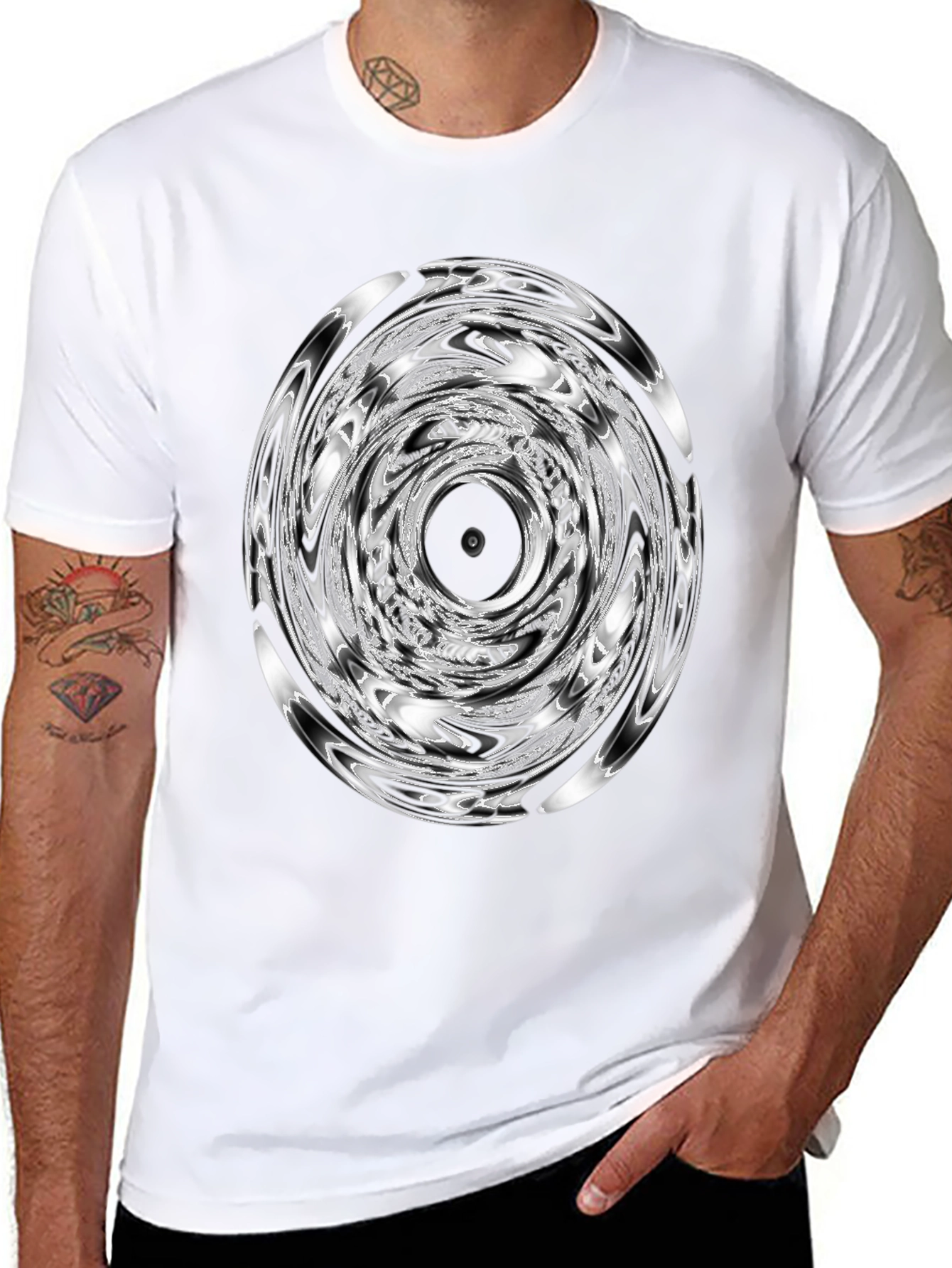 Camiseta Negra con Diseño Circular Abstracto