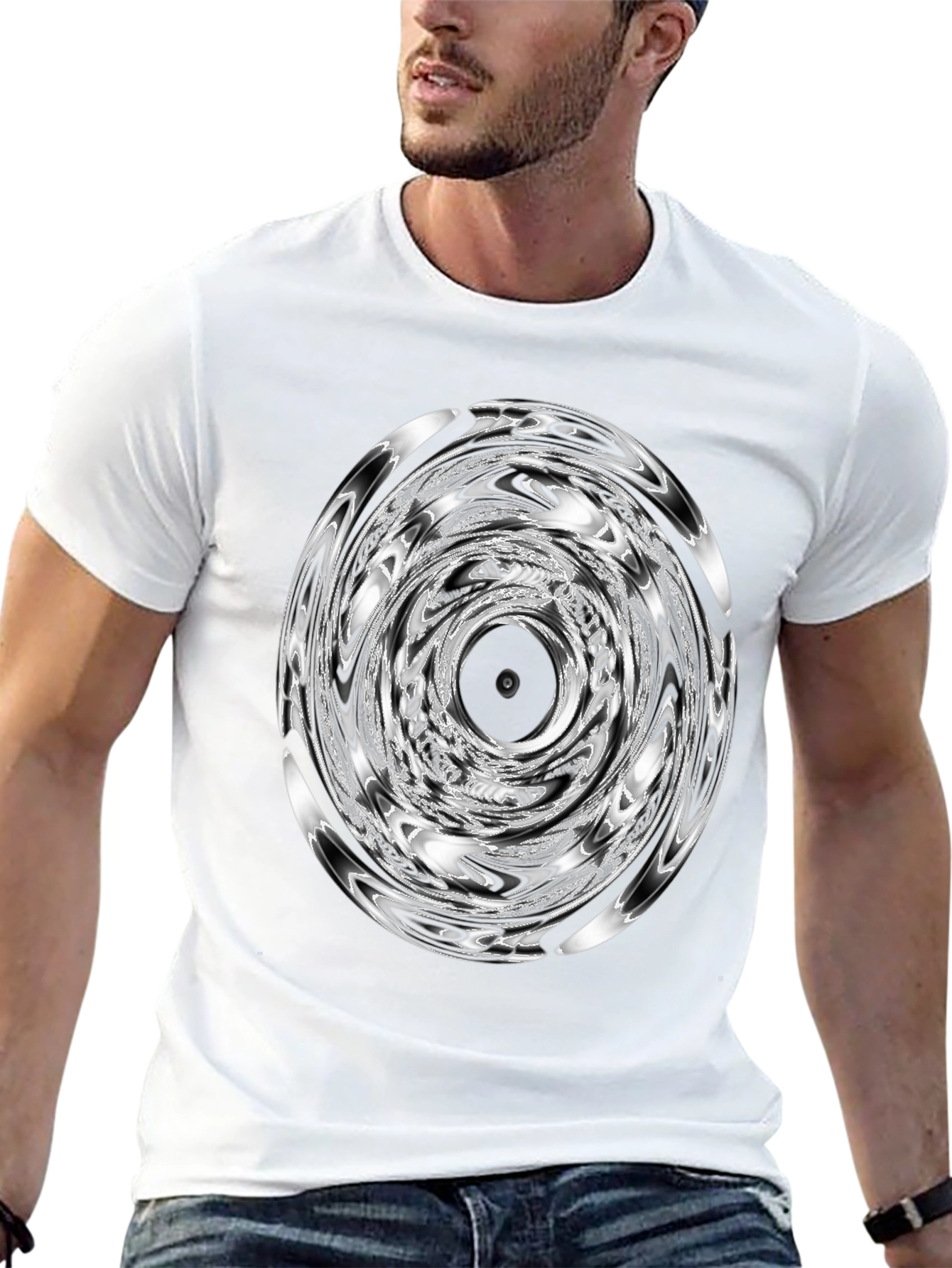 Camiseta Negra con Diseño Circular Abstracto