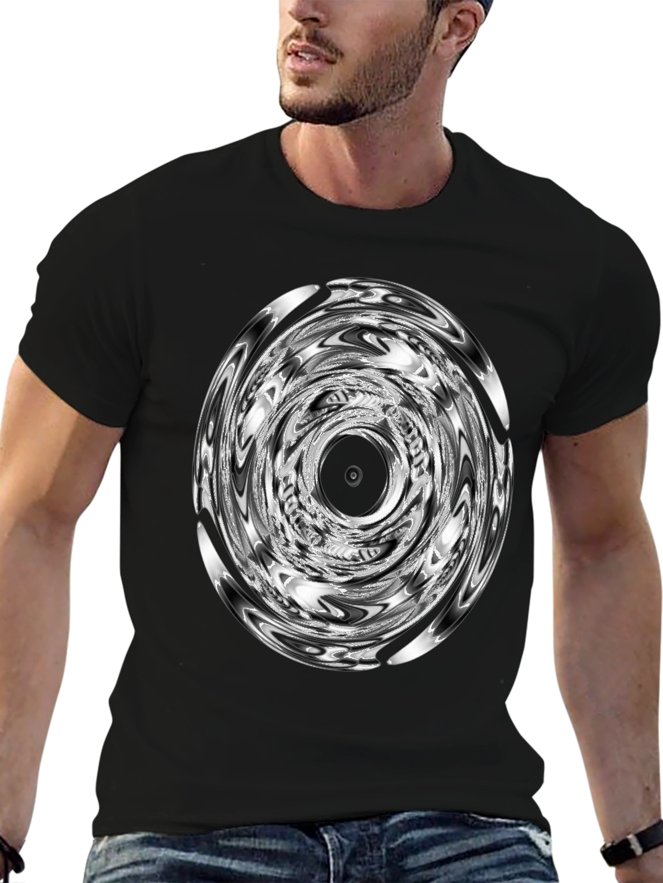 Camiseta Negra con Diseño Circular Abstracto