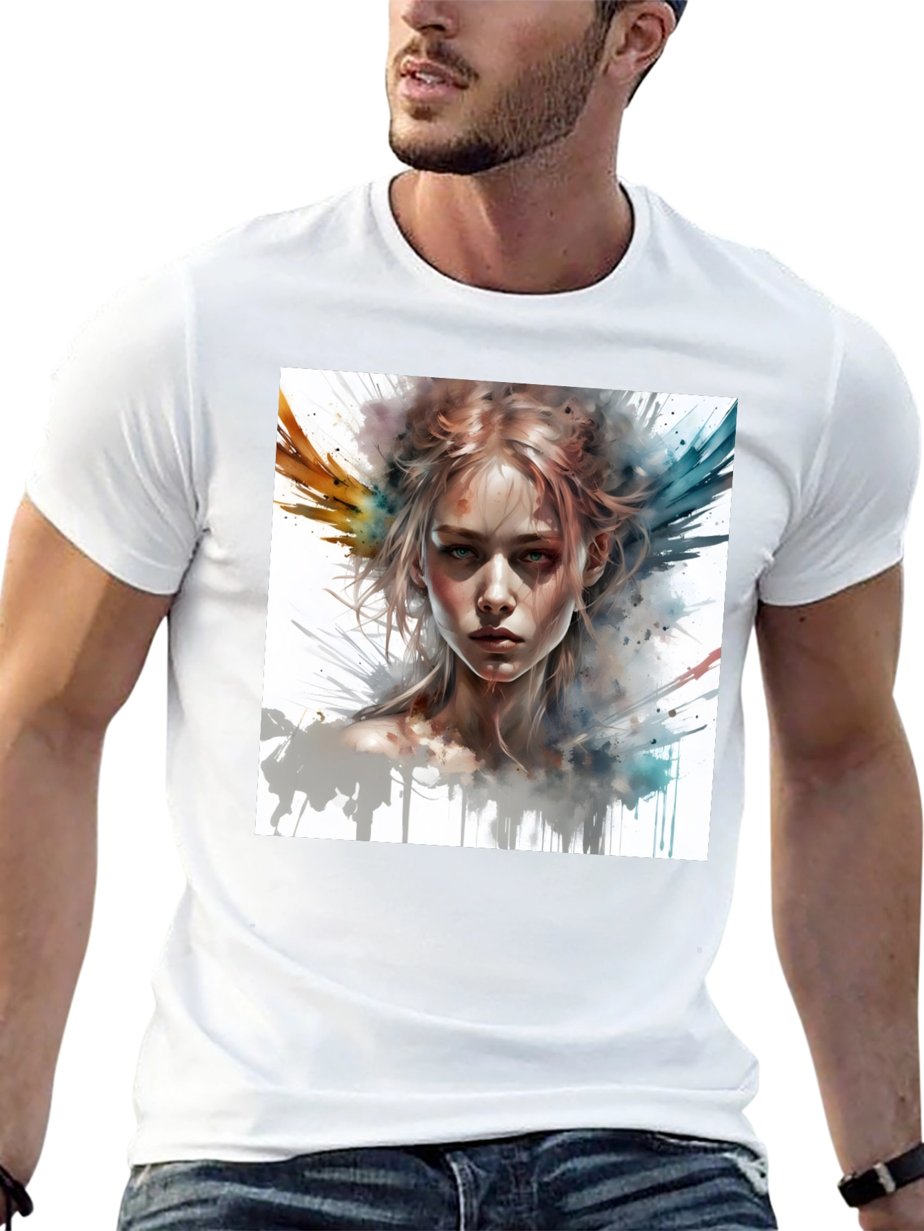 Camiseta Negra con Diseño Artístico de Mujer