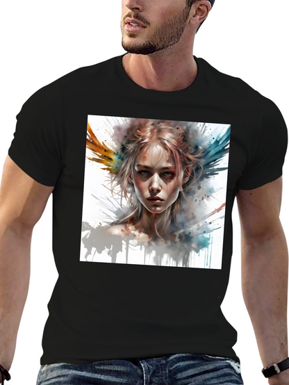 Camiseta Negra con Diseño Artístico de Mujer