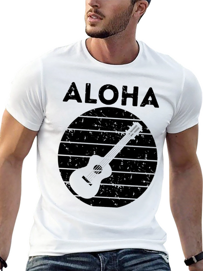 Camiseta Negra Aloha con Diseño de Guitarra