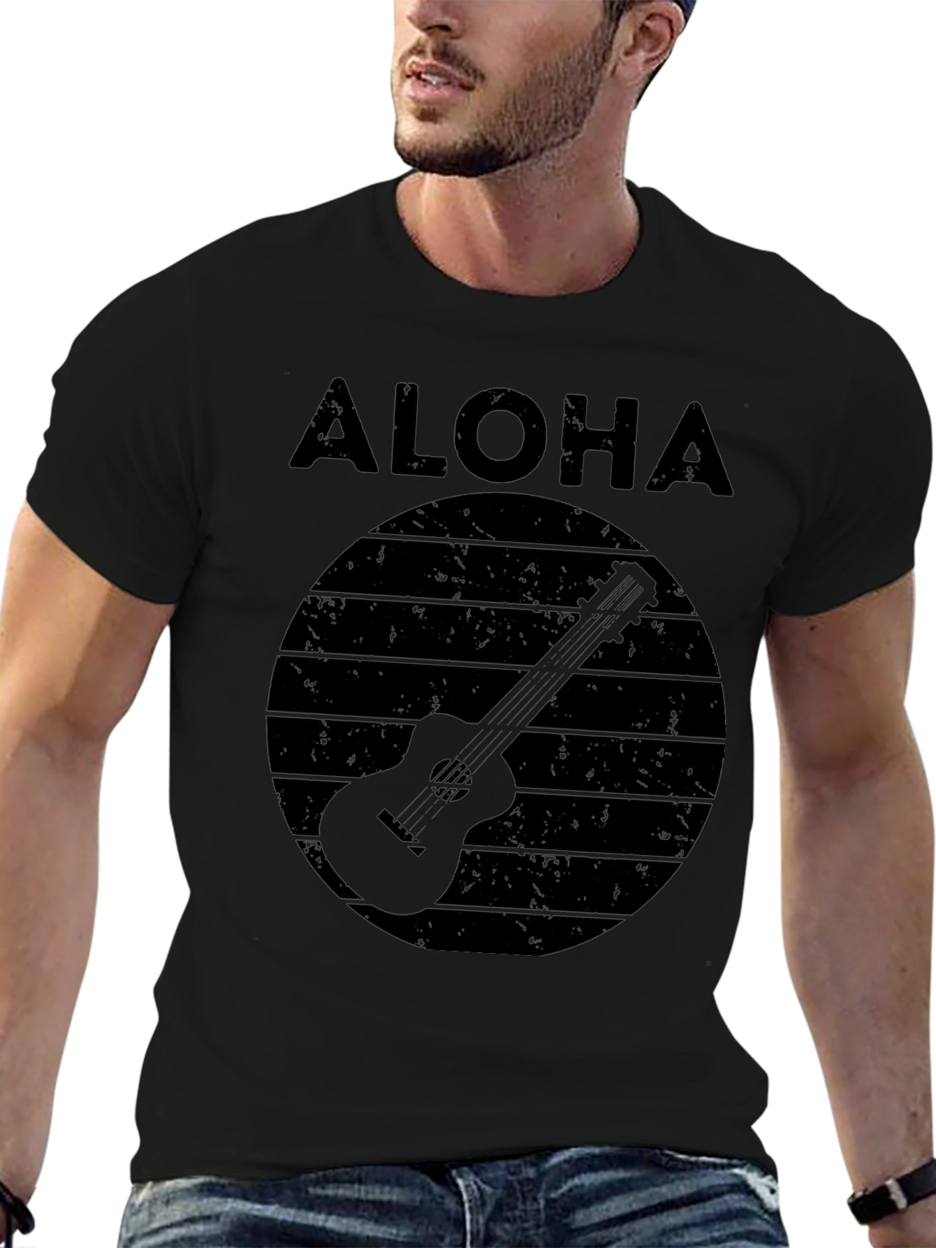 Camiseta Negra Aloha con Diseño de Guitarra