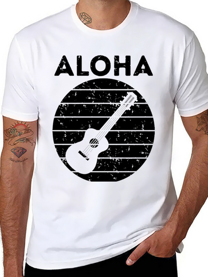 Camiseta Negra Aloha con Diseño de Guitarra