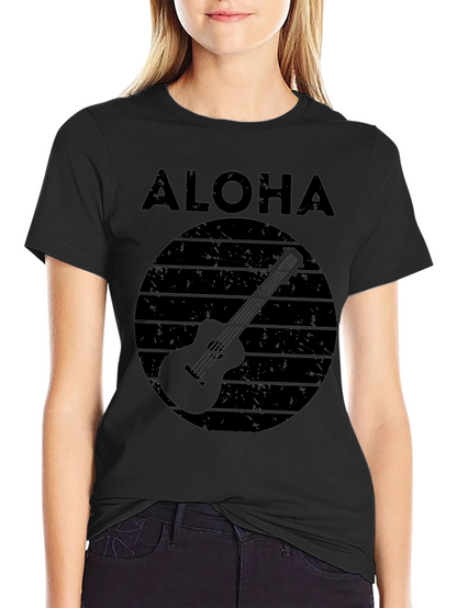 Camiseta Negra Aloha con Diseño de Guitarra