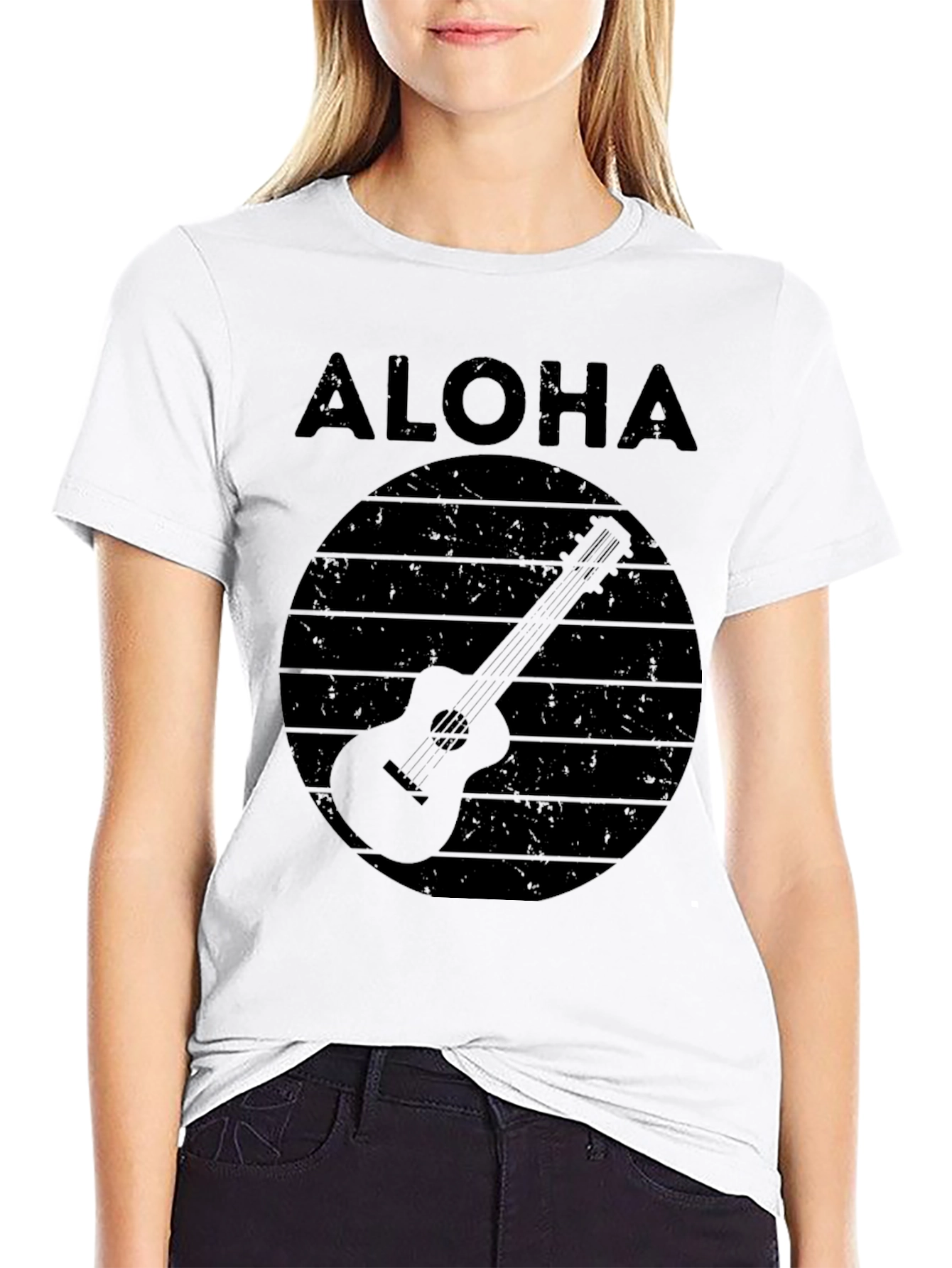 Camiseta Negra Aloha con Diseño de Guitarra