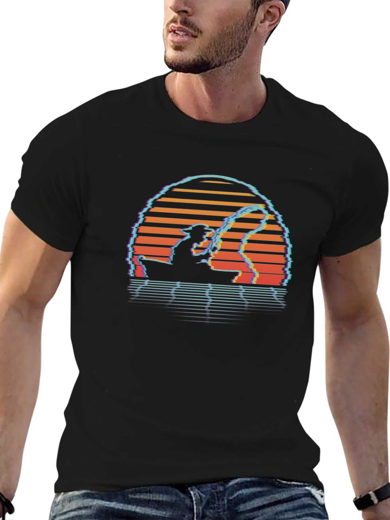 Camiseta Negra Retro Atardecer Pesca