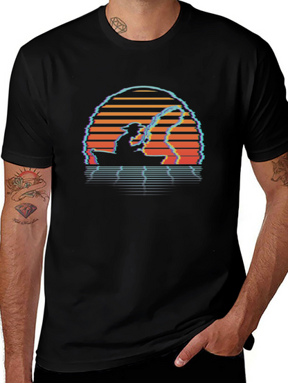 Camiseta Negra Retro Atardecer Pesca