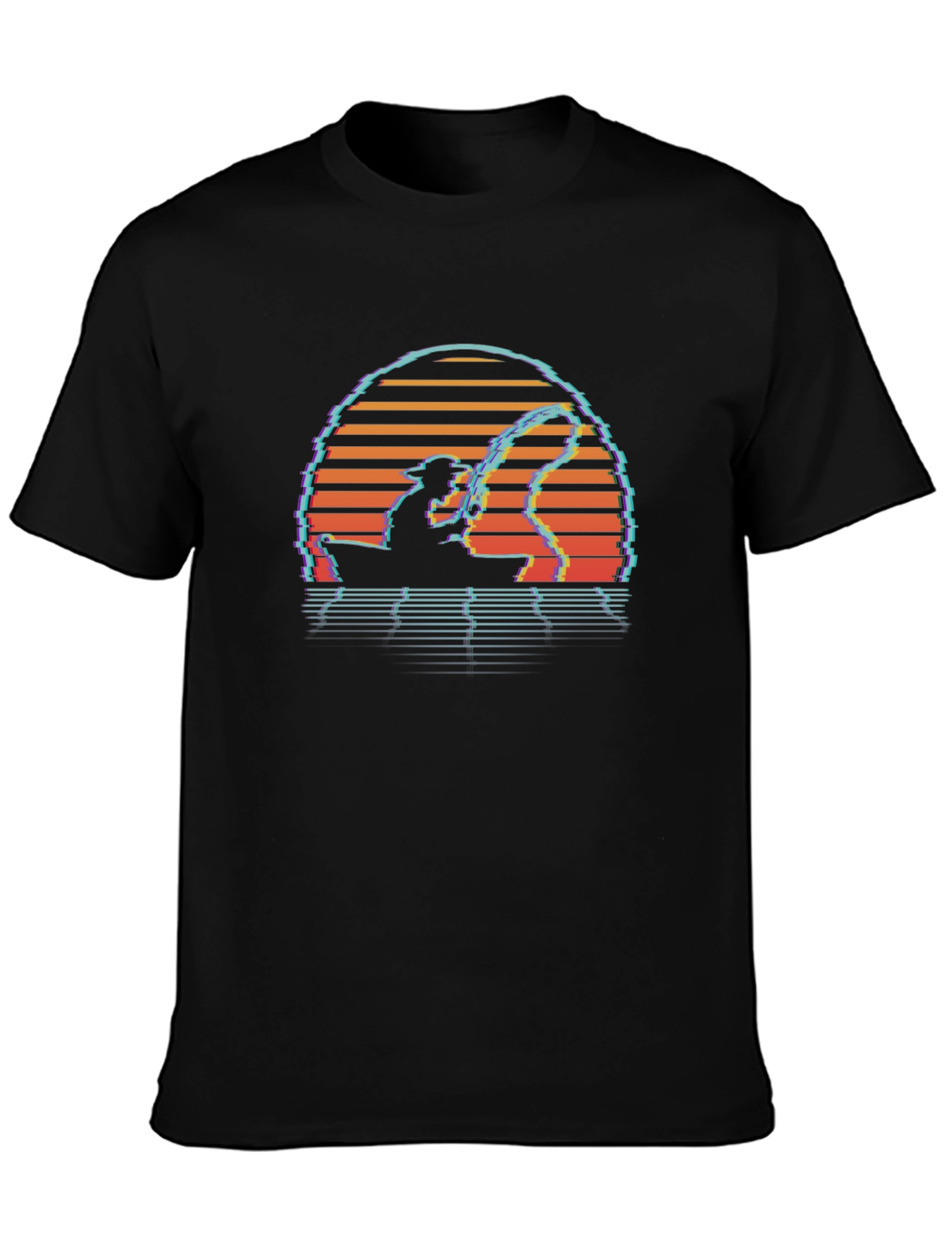Camiseta Negra Retro Atardecer Pesca