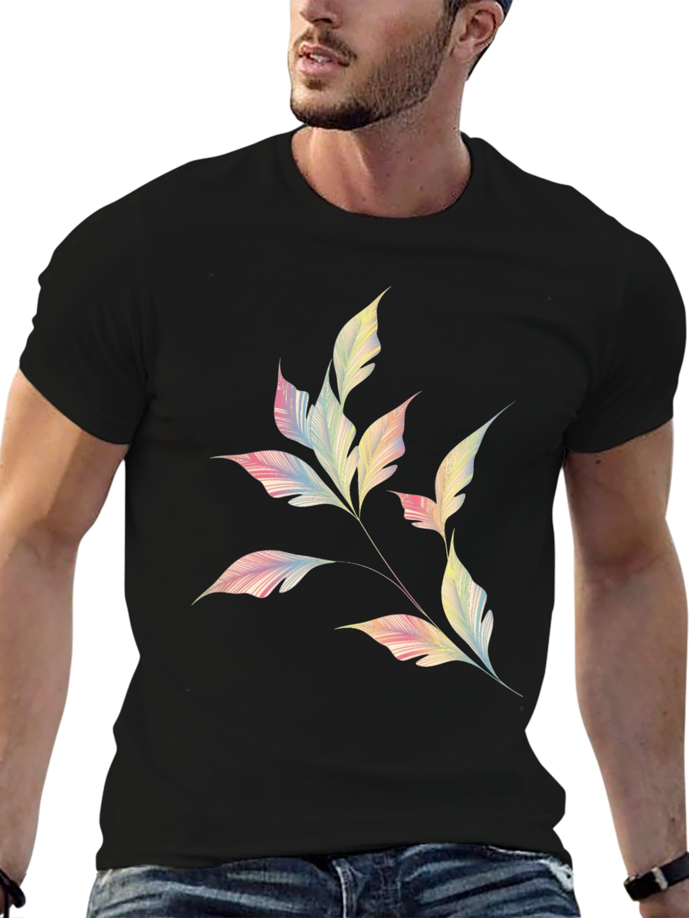 Camiseta Negra con Diseño de Hojas Abstractas