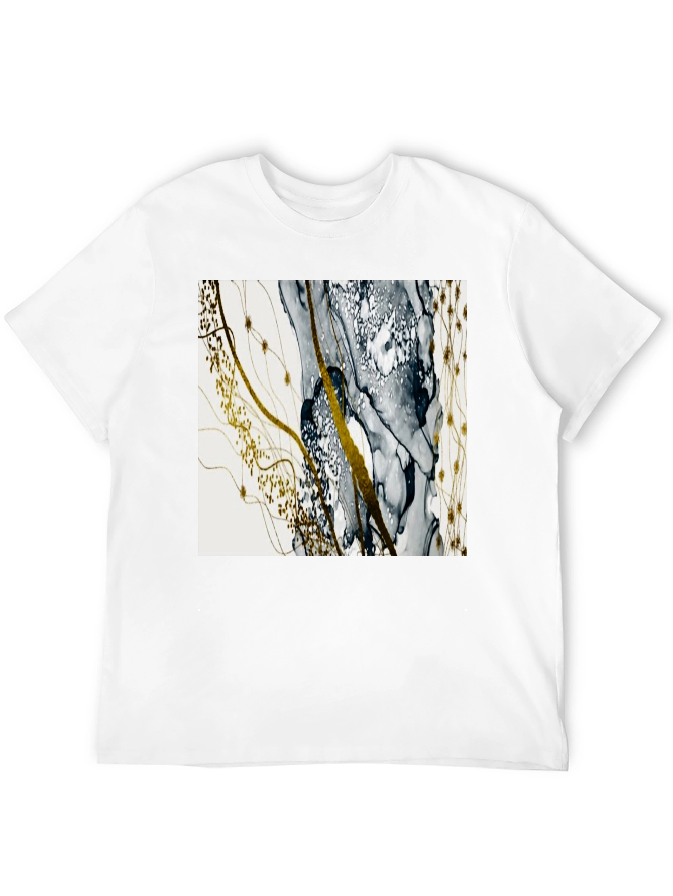 Camiseta Negra con Diseño Abstracto Dorado y Gris