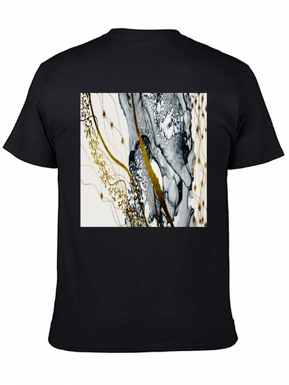 Camiseta Negra con Diseño Abstracto Dorado y Gris
