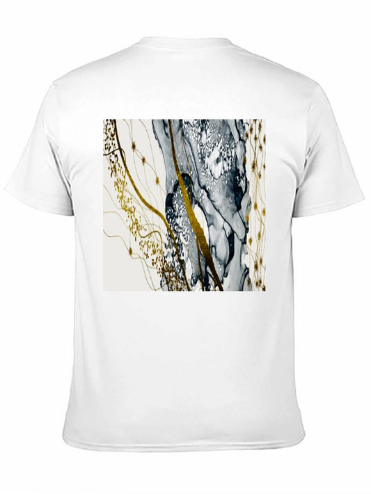 Camiseta Negra con Diseño Abstracto Dorado y Gris