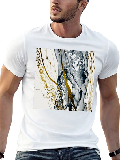 Camiseta Negra con Diseño Abstracto Dorado y Gris