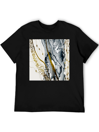 Camiseta Negra con Diseño Abstracto Dorado y Gris