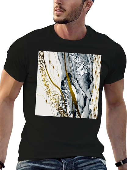 Camiseta Negra con Diseño Abstracto Dorado y Gris