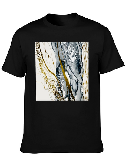 Camiseta Negra con Diseño Abstracto Dorado y Gris