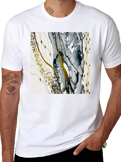 Camiseta Negra con Diseño Abstracto Dorado y Gris