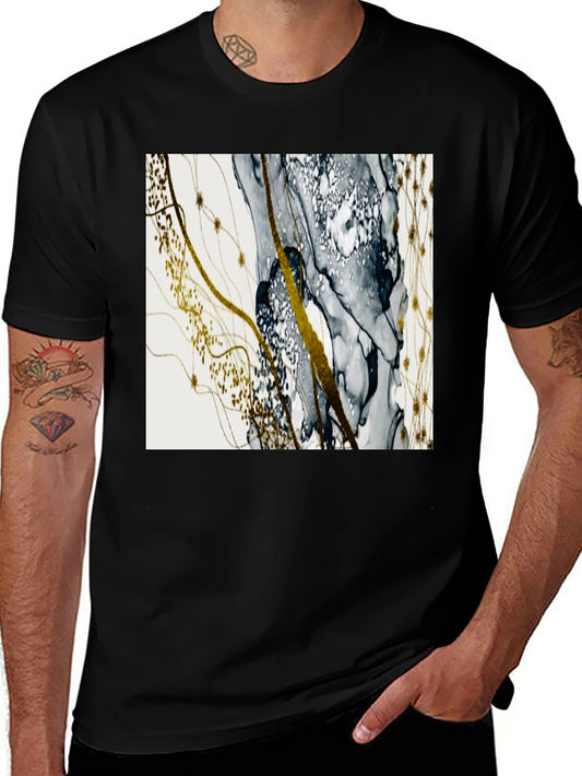 Camiseta Negra con Diseño Abstracto Dorado y Gris