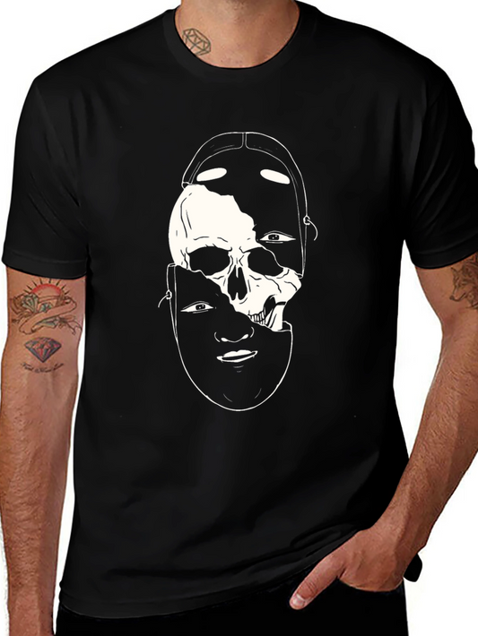 Camiseta Negra con Diseño de Calavera y Máscara Abstracta