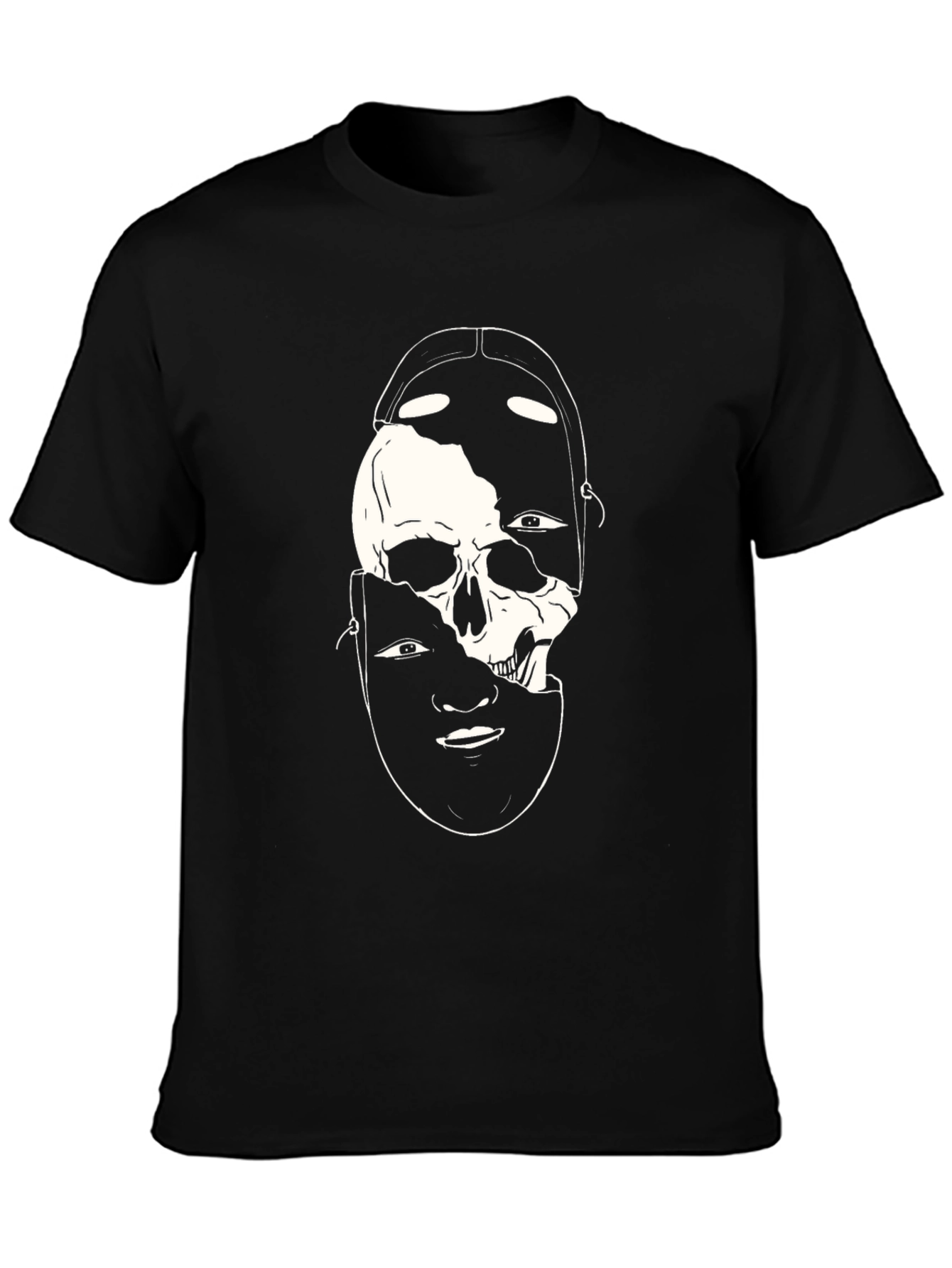 Camiseta Negra con Diseño de Calavera y Máscara Abstracta