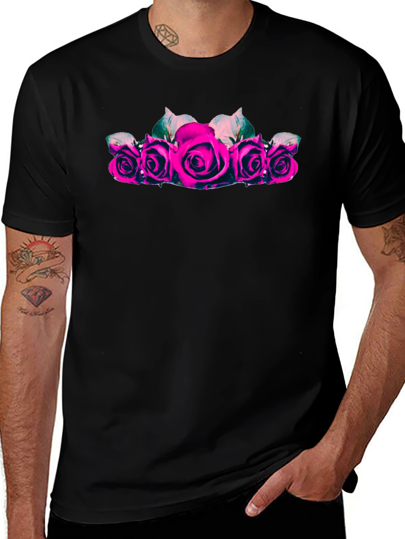 Camiseta Negra con Rosas Fucsia para Hombre