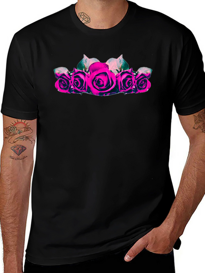 Camiseta Negra con Rosas Fucsia para Hombre