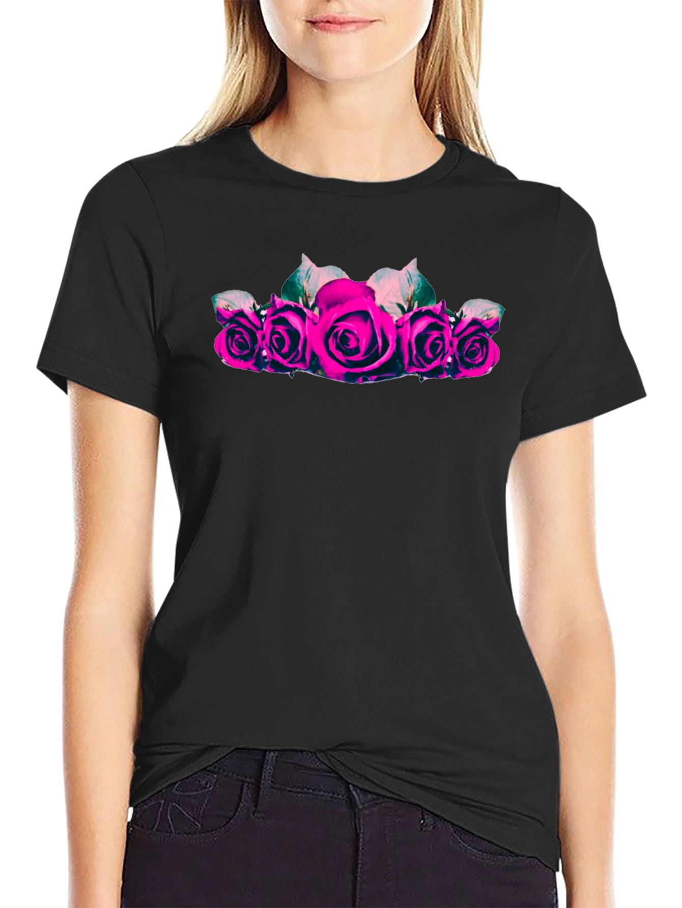 Camiseta Negra con Rosas Fucsia para Hombre