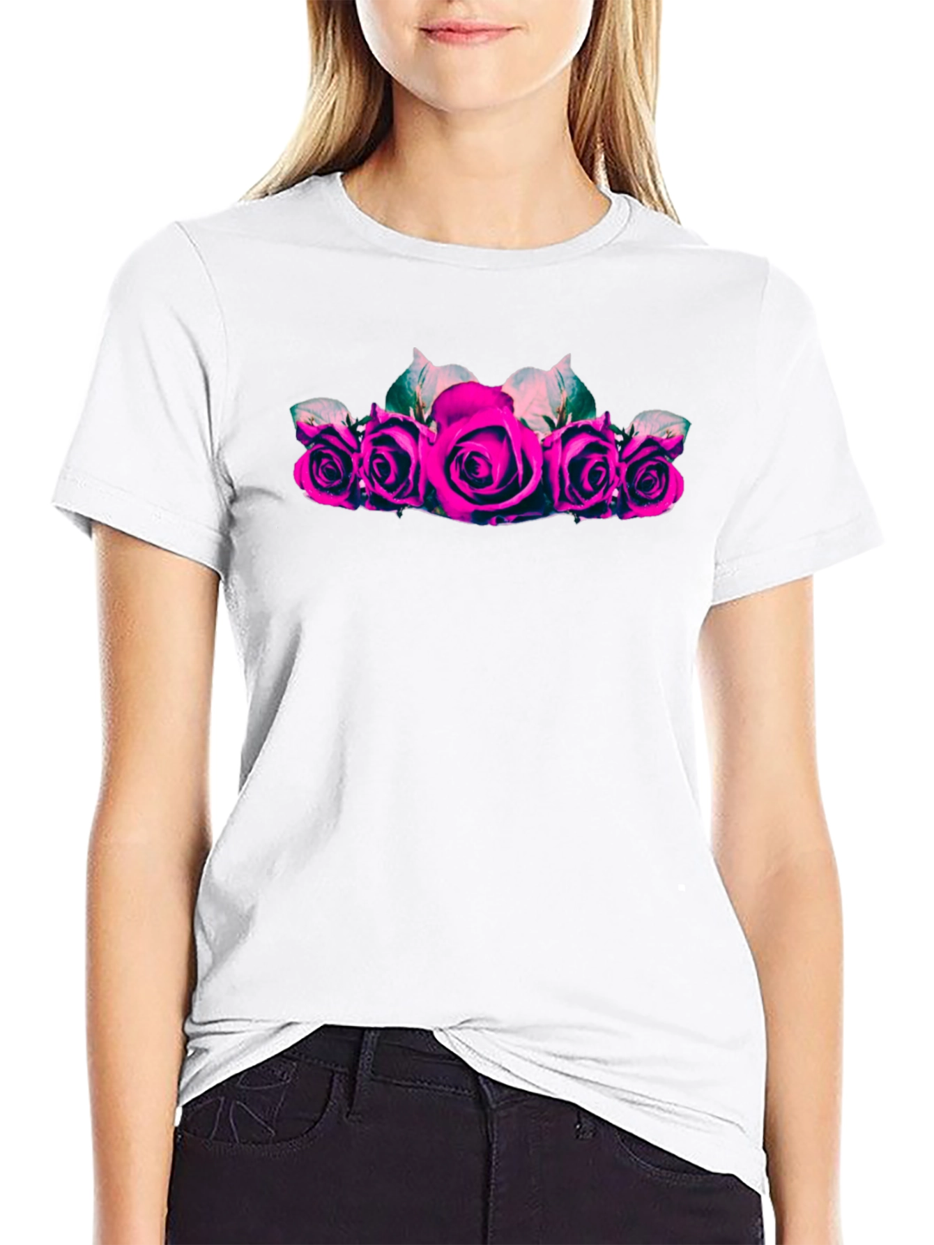 Camiseta Negra con Rosas Fucsia para Hombre