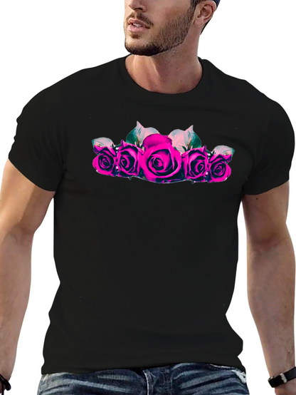 Camiseta Negra con Rosas Fucsia para Hombre