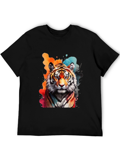 Camiseta Negra con Estampado de Tigre Acuarela