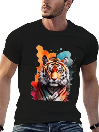 Camiseta Negra con Estampado de Tigre Acuarela