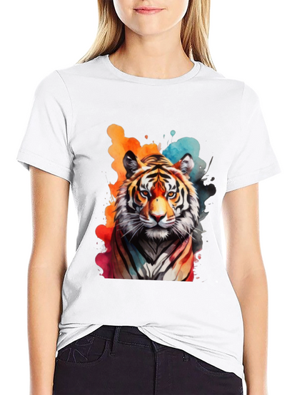 Camiseta Negra con Estampado de Tigre Acuarela