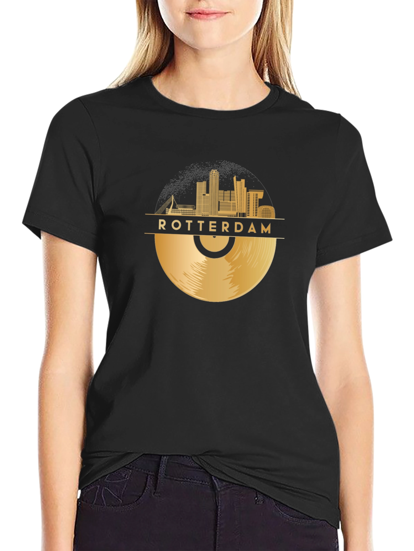 Camiseta Negra Rotterdam Skyline Vinilo